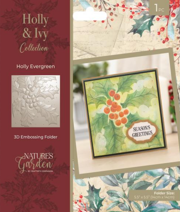 Crafter's Companion 5.5x5.5 Holly Evergreen 3D Embossing Folder {F216}